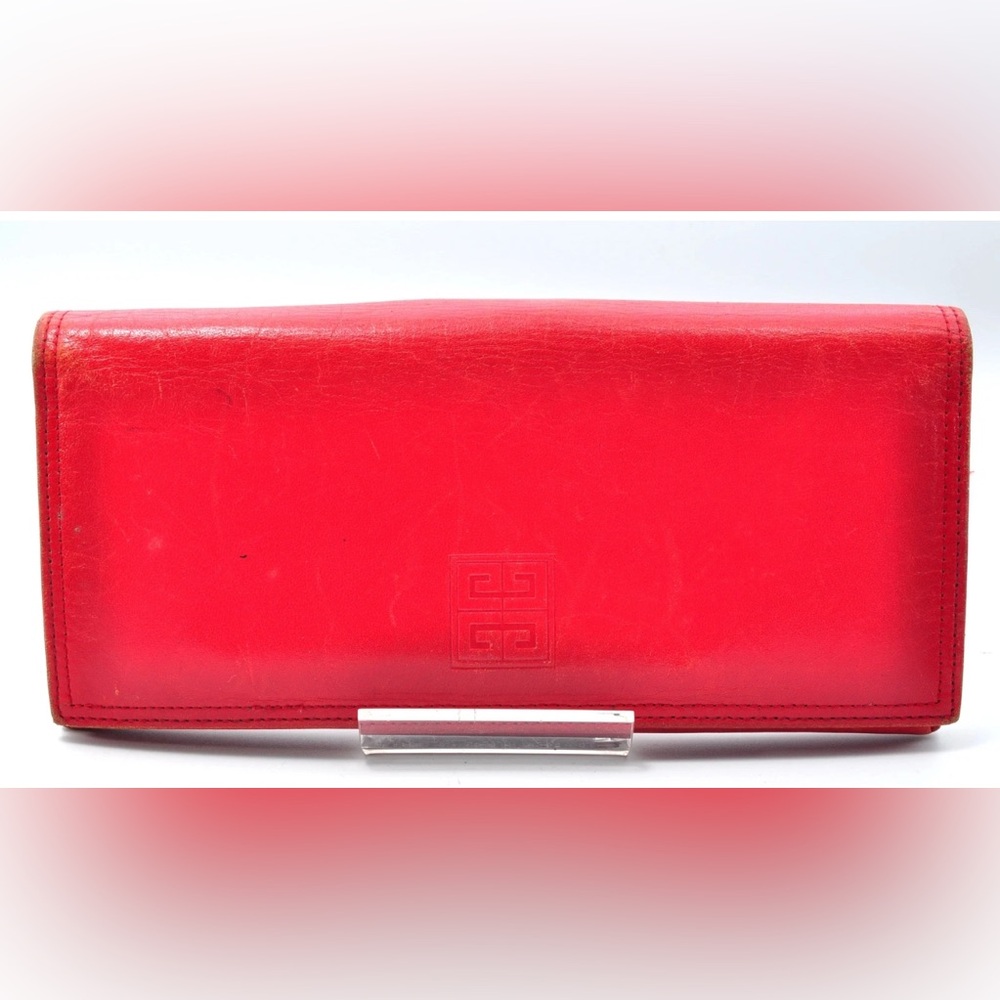 Givenchy Long Wallet Leather Red Gold Clasp Zip Women Used Authentic GUC